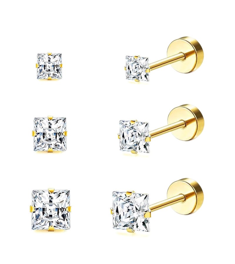 Purbeaut Princess Cut Square CZ Stud Earrings Flat Back, Screw Back Small Gold Clear Cubic Zirconia Studs Earrings Set for Women Men, Pack of 3 Pairs (3mm 4mm 5mm) - Image 1