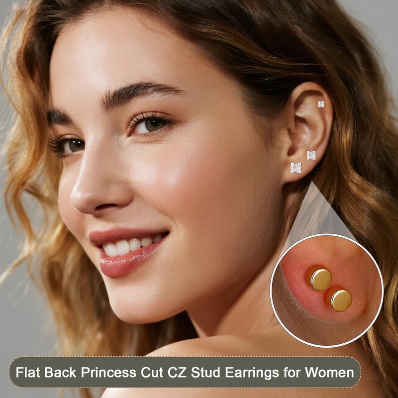 Purbeaut Princess Cut Square CZ Stud Earrings Flat Back, Screw Back Small Gold Clear Cubic Zirconia Studs Earrings Set for Women Men, Pack of 3 Pairs (3mm 4mm 5mm) - Image 4