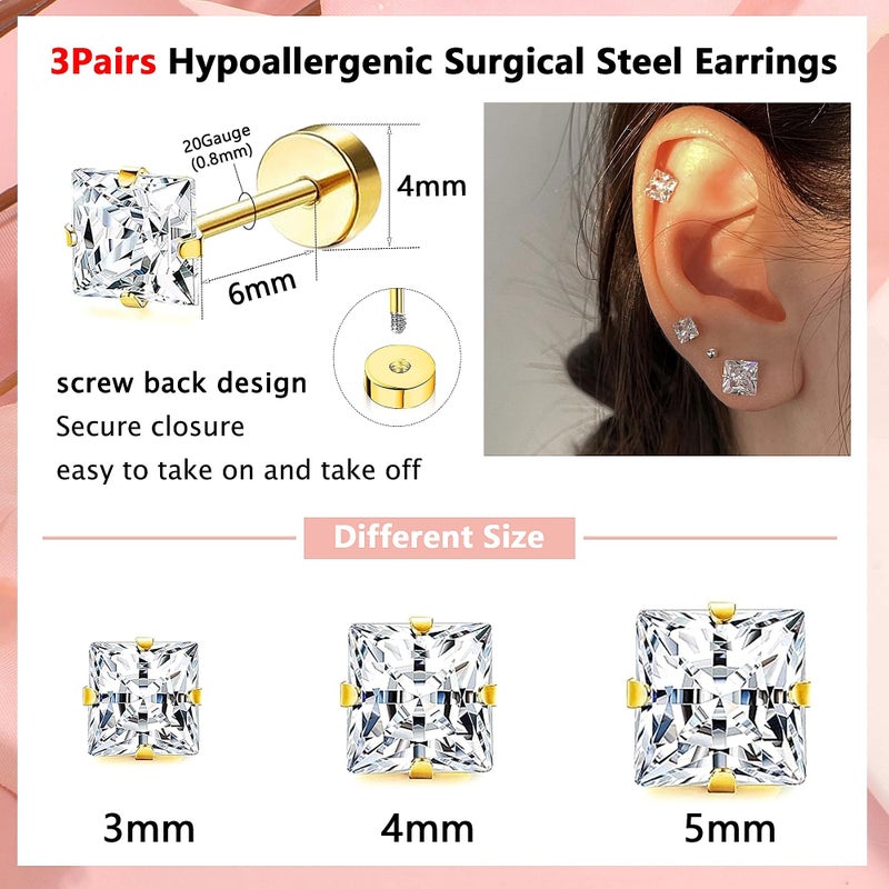 Purbeaut Princess Cut Square CZ Stud Earrings Flat Back, Screw Back Small Gold Clear Cubic Zirconia Studs Earrings Set for Women Men, Pack of 3 Pairs (3mm 4mm 5mm) - Image 2