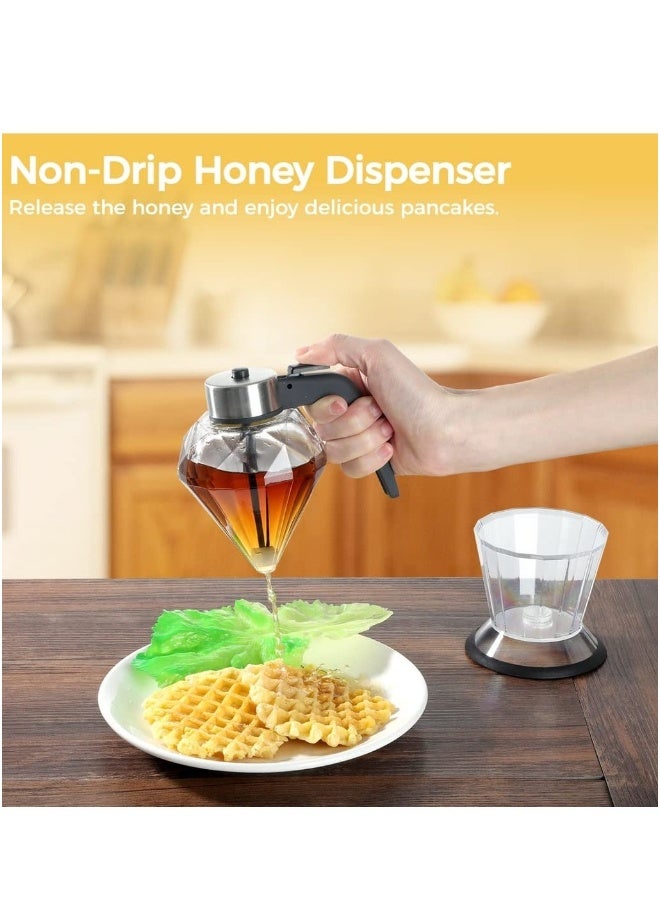 Honey Dispenser, Syrup Dispenser with Storage Stand, 8 Ounces Diamond Shaped Glass Honey Jar and Stainless Steel Top, No Drip, for Syrup, Sauces, Sugar - Image 4