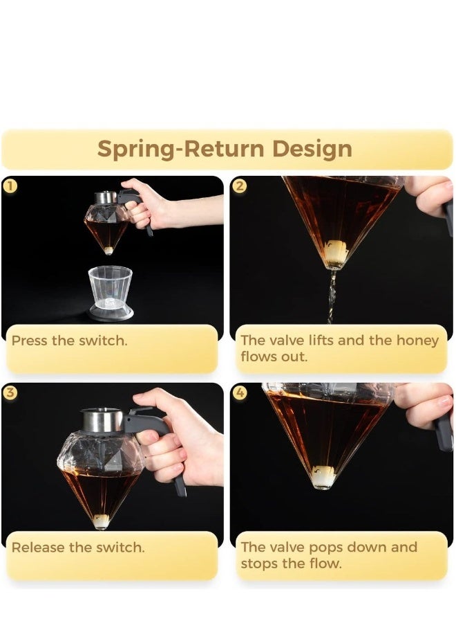 Honey Dispenser, Syrup Dispenser with Storage Stand, 8 Ounces Diamond Shaped Glass Honey Jar and Stainless Steel Top, No Drip, for Syrup, Sauces, Sugar - Image 3
