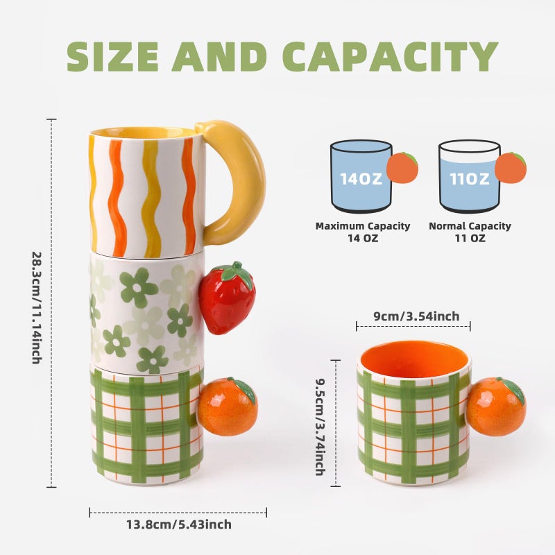 DIF DECO Ceramic Coffee Mugs Set of 3, Stackable Funny Tea Cup with Unique Fruit Shape Aesthetic Mug with Handle for Latte/Cappuccino/Cocoa - Microwave and Dishwasher Safe (14oz) - Image 2