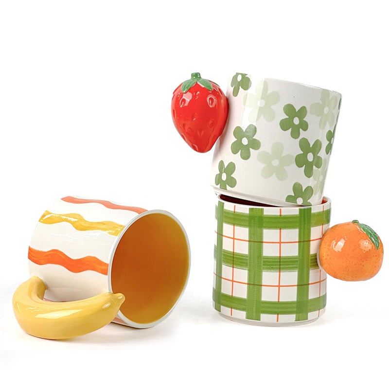 DIF DECO Ceramic Coffee Mugs Set of 3, Stackable Funny Tea Cup with Unique Fruit Shape Aesthetic Mug with Handle for Latte/Cappuccino/Cocoa - Microwave and Dishwasher Safe (14oz) - Image 1