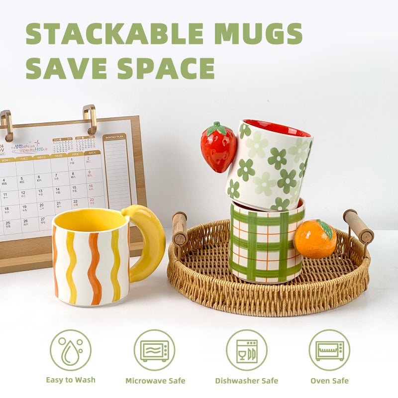 DIF DECO Ceramic Coffee Mugs Set of 3, Stackable Funny Tea Cup with Unique Fruit Shape Aesthetic Mug with Handle for Latte/Cappuccino/Cocoa - Microwave and Dishwasher Safe (14oz) - Image 5
