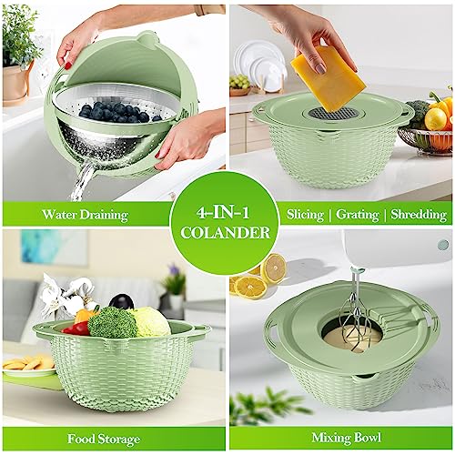 UTTKOJ 4-1 Colander with Bowl Set - Strainers for Kitchen, Food Strainers and Colanders, Pasta Strainer, Rice Strainer, Fruit Cleaner, Veggie Wash, Salad Spinner, Aesthetic Kitchen Essentials - Green - Image 2