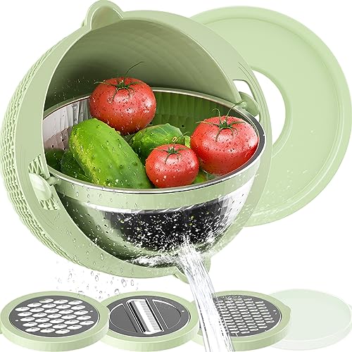 UTTKOJ 4-1 Colander with Bowl Set - Strainers for Kitchen, Food Strainers and Colanders, Pasta Strainer, Rice Strainer, Fruit Cleaner, Veggie Wash, Salad Spinner, Aesthetic Kitchen Essentials - Green - Image 1