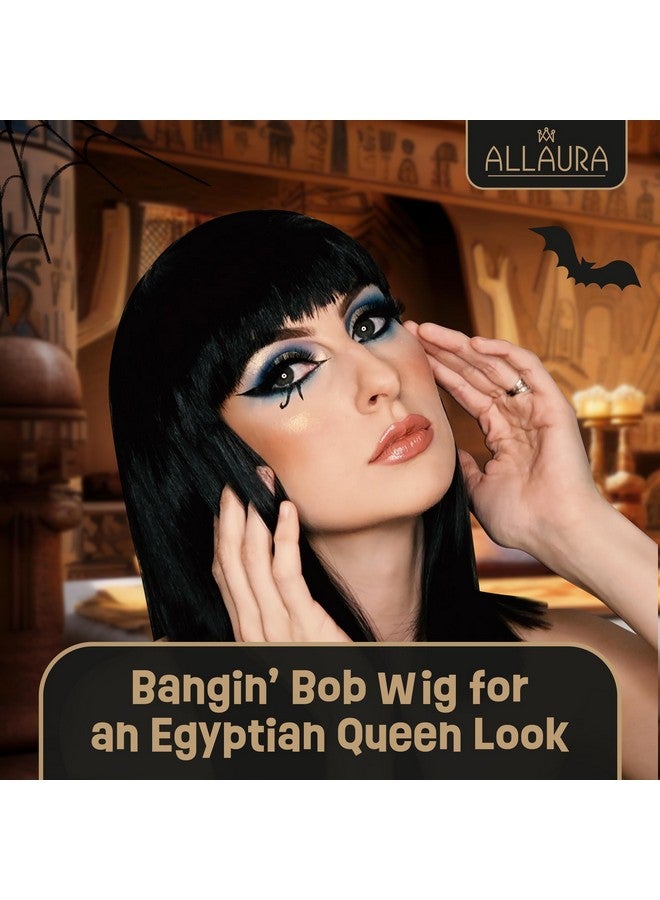 ألاورا باروكة شعر كليوباترا سوداء من ALLAURA - باروكة شعر سوداء طويلة وقصيرة مستقيمة مع غرة - باروكة شعر مصرية تناسب البالغين - Image 2