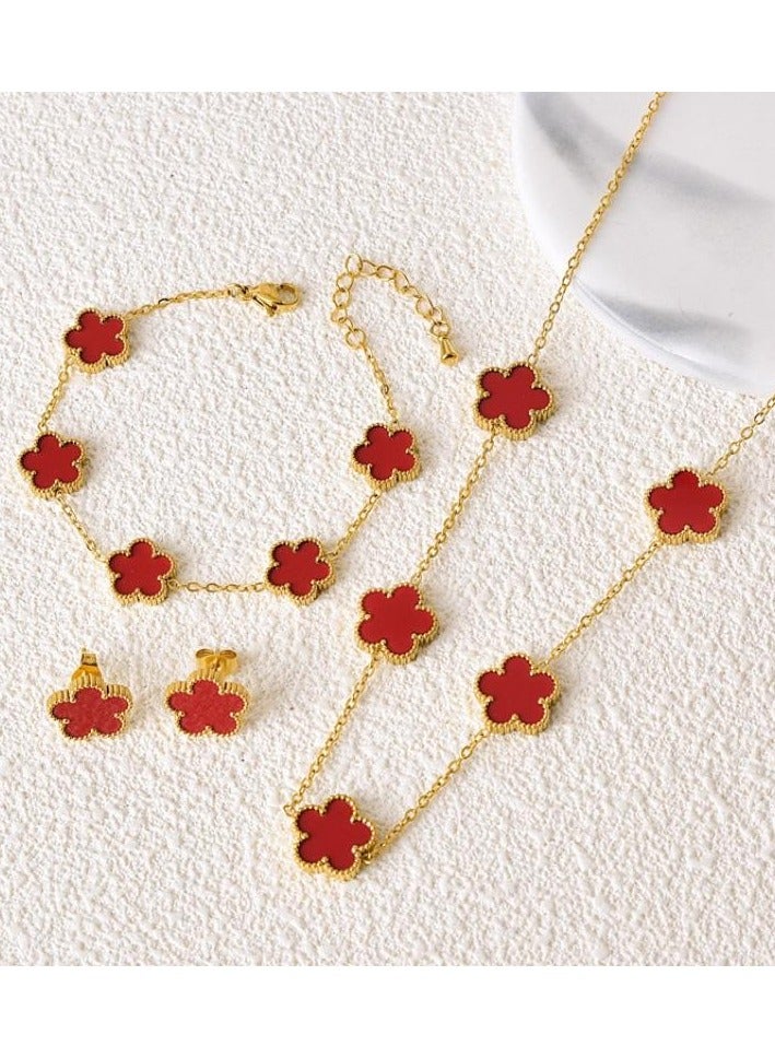 Luxury Jewelry Set – Necklace, Bracelet, Earrings & Ring with Elegant Floral Design - Red  - Image 1