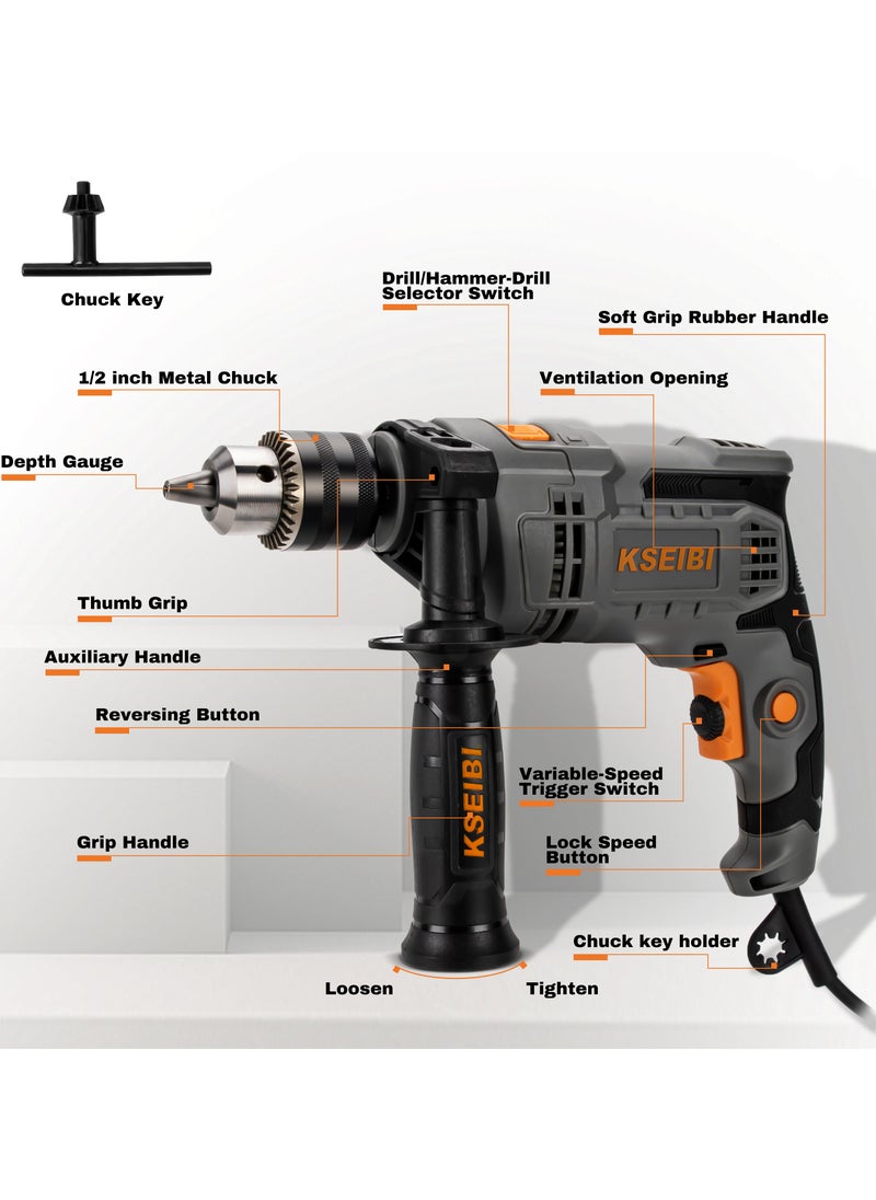KSEIBI Impact Hammer Drill 710W, Corded Drill with Variable Speed 0-2800RPM, Hammer Drill 2 Functions in 1 For Drilling Steel, Concrete, Wood, Plastic, Adjustable Side Handle  - Image 5