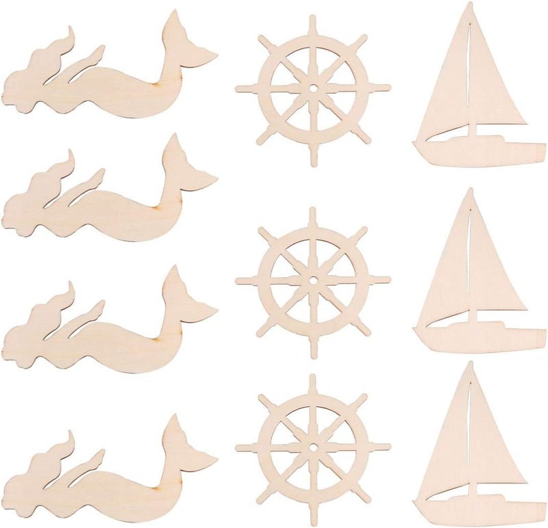 كلاراكو 18 قطعة من قطع الخشب غير المكتملة من كلاركو، ذيل حورية البحر، مرساة القارب، شرائح خشبية، زينة خشبية بحرية، لمشاريع فنية يدوية الصنع، زخارف الطلاء - Image 1