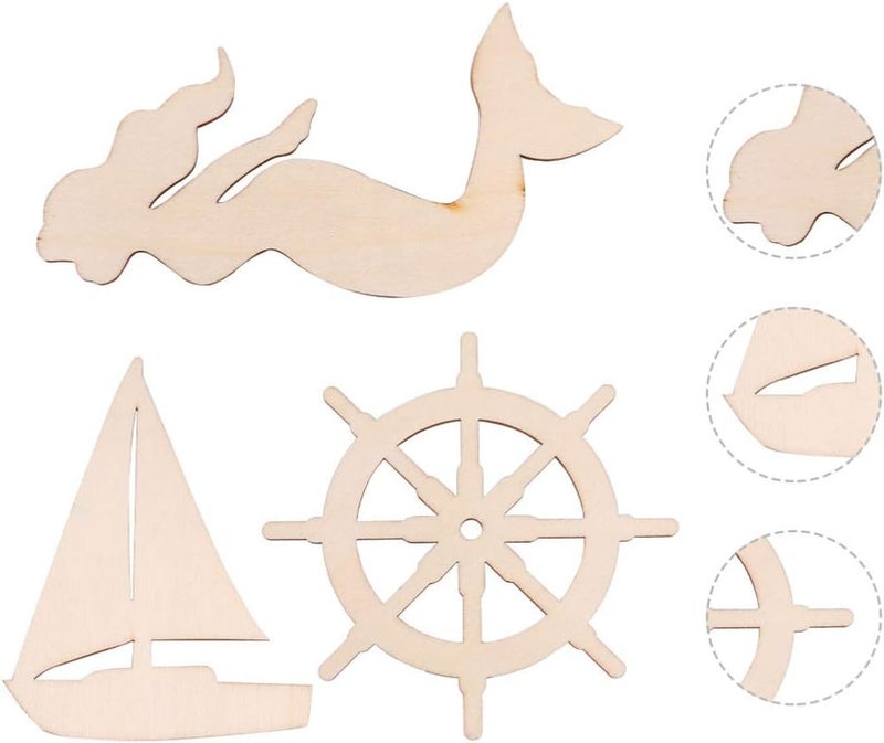 كلاراكو 18 قطعة من قطع الخشب غير المكتملة من كلاركو، ذيل حورية البحر، مرساة القارب، شرائح خشبية، زينة خشبية بحرية، لمشاريع فنية يدوية الصنع، زخارف الطلاء - Image 5