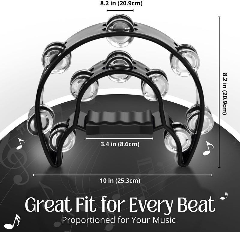 Flexzion Tambourine Metal Half Moon Musical Instruments Double Row Metal Jingles Hand Held Instruments Percussion with Ergonomic Handle Grip, Tambourines for Adults, 2 Packs - Black - Image 4
