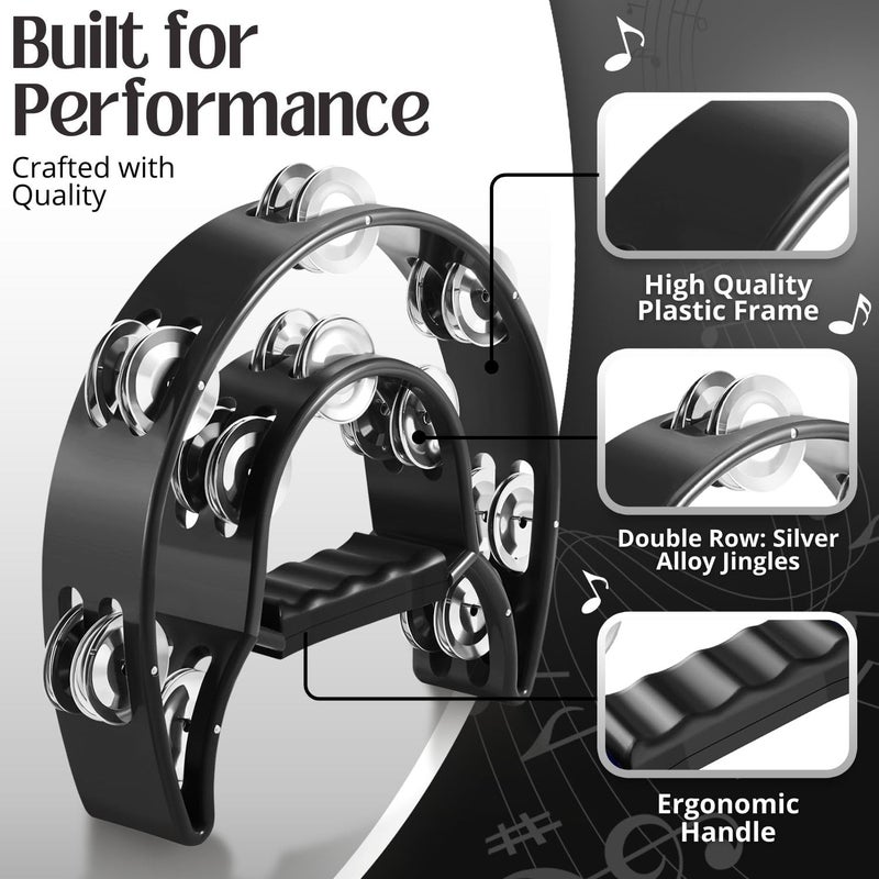 Flexzion Tambourine Metal Half Moon Musical Instruments Double Row Metal Jingles Hand Held Instruments Percussion with Ergonomic Handle Grip, Tambourines for Adults, 2 Packs - Black - Image 3