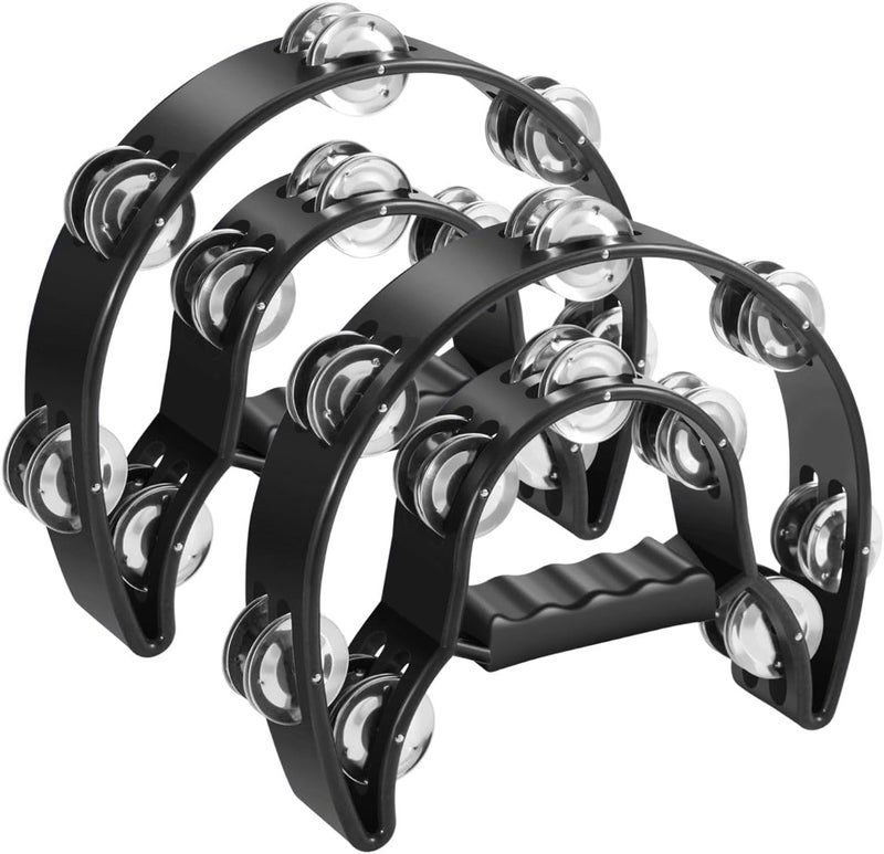 Flexzion Tambourine Metal Half Moon Musical Instruments Double Row Metal Jingles Hand Held Instruments Percussion with Ergonomic Handle Grip, Tambourines for Adults, 2 Packs - Black - Image 1