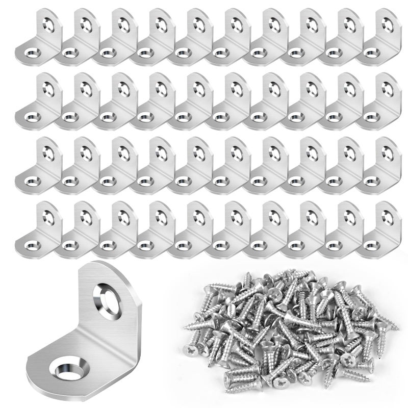 Romeda 40 Pcs L Bracket Stainless Steel Corner Brace Sets, 90 Degree Right Angle Brackets with 80 Pcs Screws, L Bracket Firmware for Wooden Shelves, Chairs, Tables, Dressers, Furniture (Silver) - Image 1