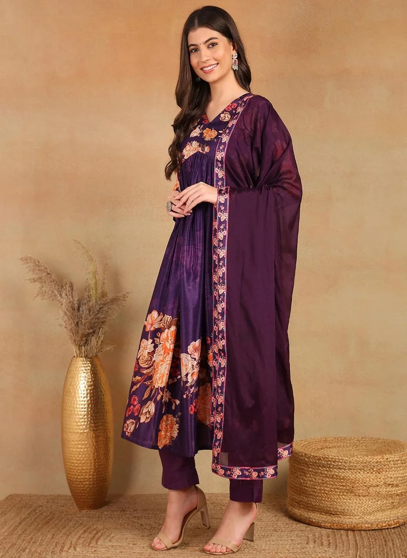 زيري سوق Purple Silk Blend Floral Printed 3-Piece Kurta Set