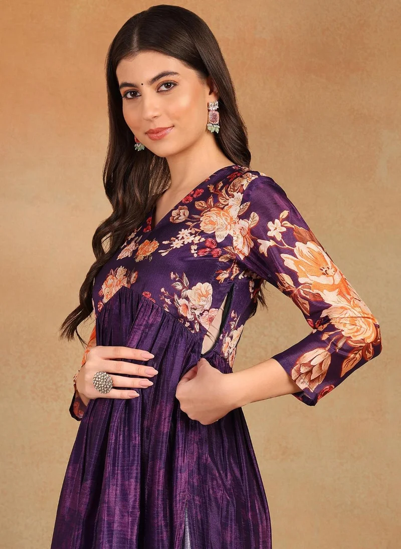 ZERESOUQ Purple Silk Blend Floral Printed 3-Piece Kurta Set