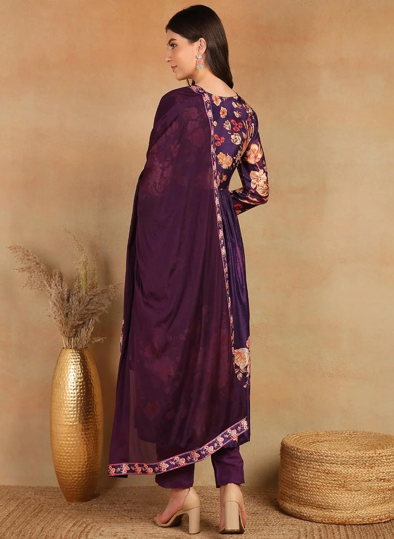 ZERESOUQ Purple Silk Blend Floral Printed 3-Piece Kurta Set