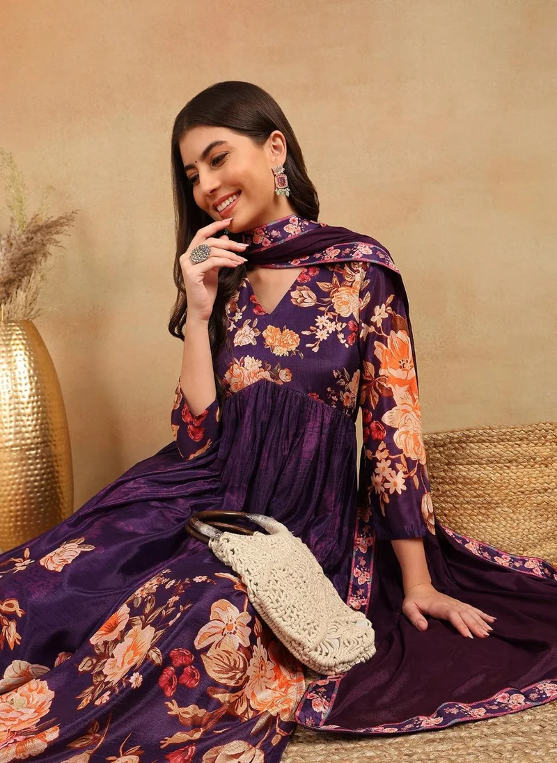 ZERESOUQ Purple Silk Blend Floral Printed 3-Piece Kurta Set