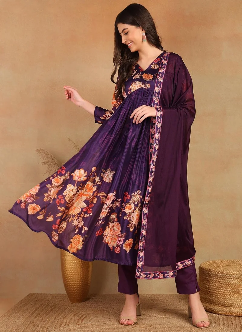 زيري سوق Purple Silk Blend Floral Printed 3-Piece Kurta Set