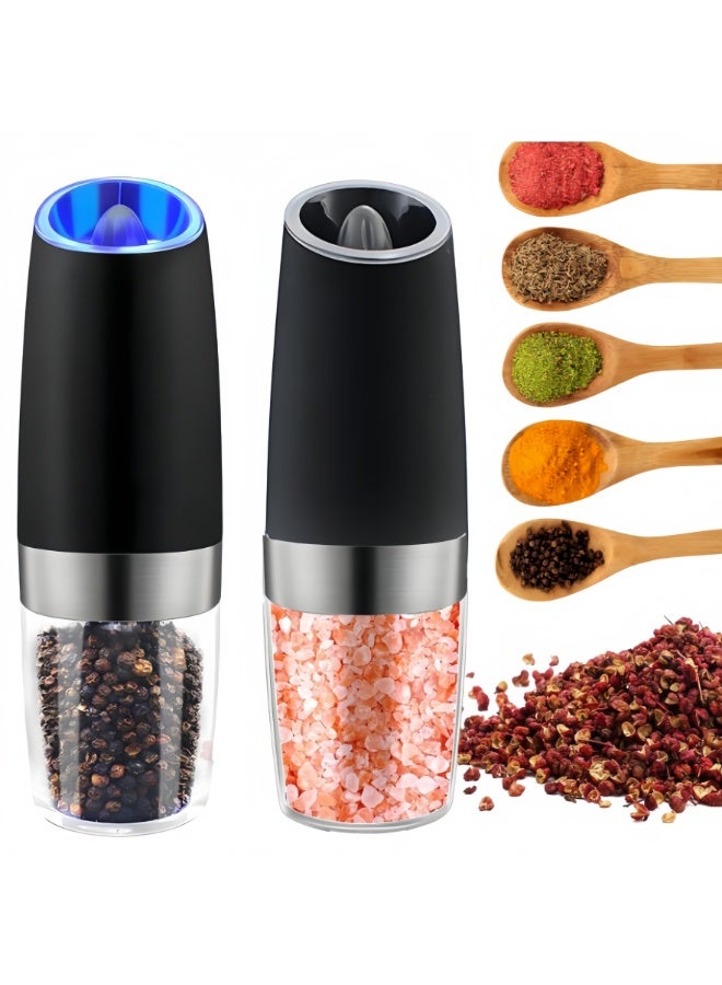 طقم مطحنة ملح وفلفل كهربائية تعمل بالجاذبية مكون من قطعتين، مطاحن ملح وفلفل أوتوماتيكية مع ضوء LED، درجة خشونة قابلة للتعديل، مصنوعة من الفولاذ المقاوم للصدأ (أسود، قطعتان) - Image 1