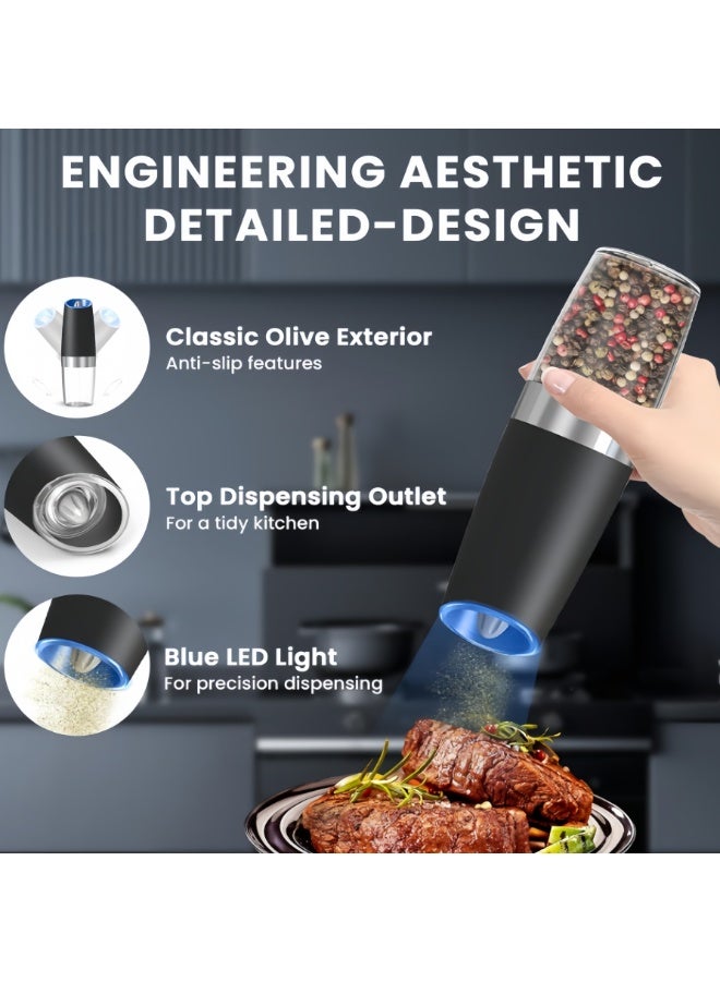 طقم مطحنة ملح وفلفل كهربائية تعمل بالجاذبية مكون من قطعتين، مطاحن ملح وفلفل أوتوماتيكية مع ضوء LED، درجة خشونة قابلة للتعديل، مصنوعة من الفولاذ المقاوم للصدأ (أسود، قطعتان) - Image 2