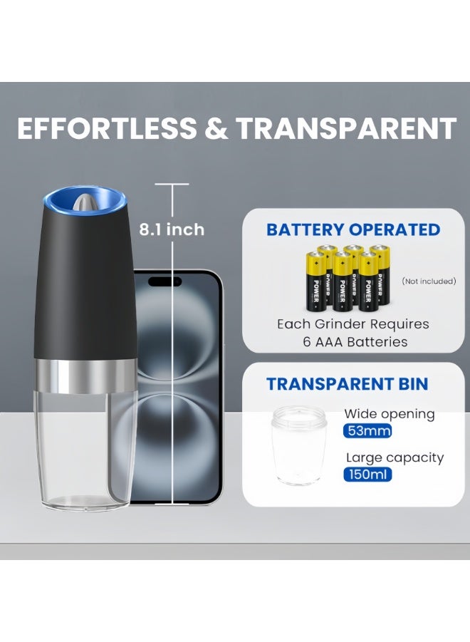 طقم مطحنة ملح وفلفل كهربائية تعمل بالجاذبية مكون من قطعتين، مطاحن ملح وفلفل أوتوماتيكية مع ضوء LED، درجة خشونة قابلة للتعديل، مصنوعة من الفولاذ المقاوم للصدأ (أسود، قطعتان) - Image 3