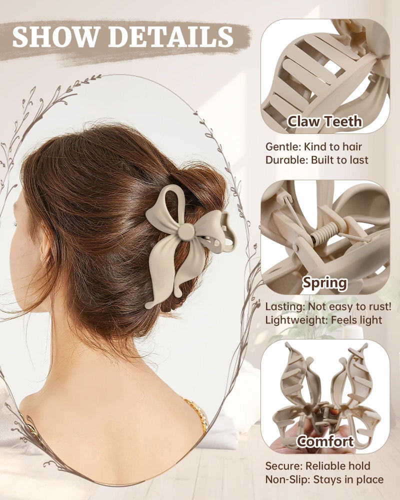 Mesovor 4 Pack Cute Bow Claw Clip for Women, Nonslip Large Matte Strong Hold Bows Hair Clips for Thin and Thick Hair | Chic Hair Styling Accessories (4.1" Khaki, Brown, Beige, Pink) - Image 3