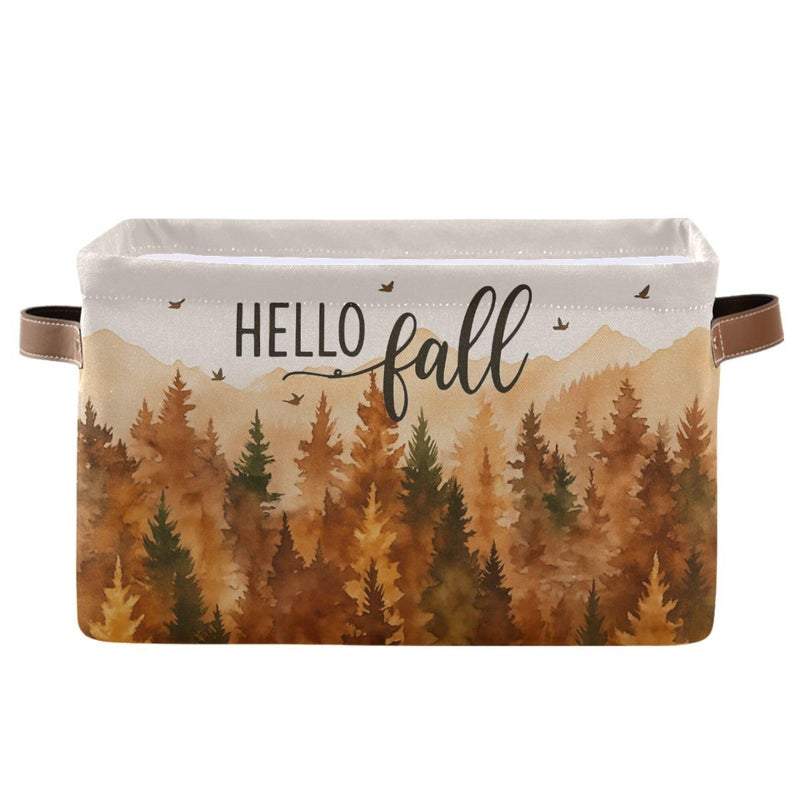 Wamika Hello Fall Forest Storage Basket with Waterproof Liner and PU Handles Maple Leaves Pine Tree Storage Bins Boxes 142 Collapsible Decorative Organizer Baskets for Bedroom Closet Office 1 Pack - Image 2