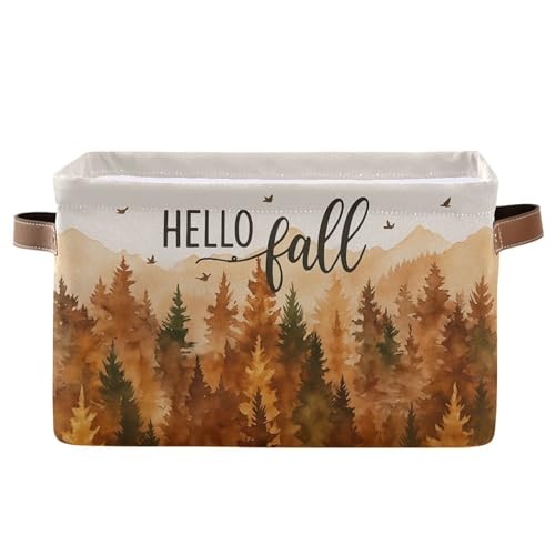Wamika Hello Fall Forest Storage Basket with Waterproof Liner and PU Handles Maple Leaves Pine Tree Storage Bins Boxes 142 Collapsible Decorative Organizer Baskets for Bedroom Closet Office 1 Pack - Image 1