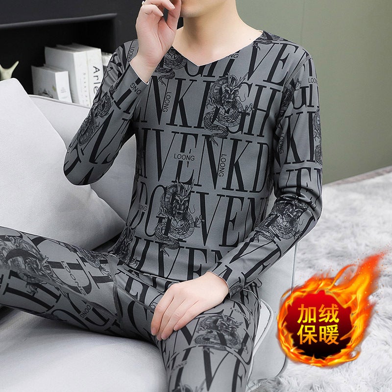 Men'S Velvet Thermal Underwear Thickened Suit Winter Cold Autumn Clothes Autumn Trousers Youth V-Neck Base Shirt For Outer Wear - Image 1