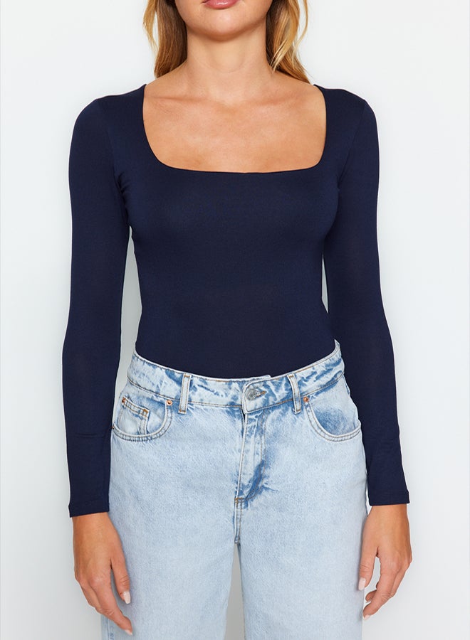 trendyol Navy Blue Square Neckline Premium Knitted Bodysuit TWOAW24BD00062 - Image 4
