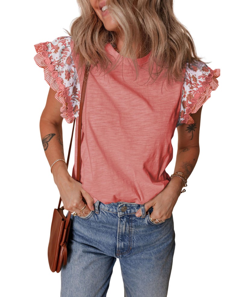 SELINK Womens Summer Ruffle Short Sleeve Top Crewneck T Shirts Floral Trim Casual Blouses Peach Pink-M - Image 1
