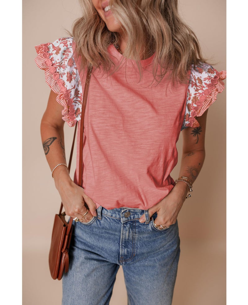 SELINK Womens Summer Ruffle Short Sleeve Top Crewneck T Shirts Floral Trim Casual Blouses Peach Pink-M - Image 2