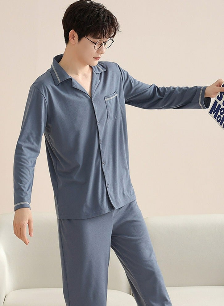 Loquat Men's 2-Piece Set Loose Nightgown Sleepwear Long Sleeve Lapel Top And Pants Soft Loungewear Wear Warm Pajamas Suit Greyish Blue 