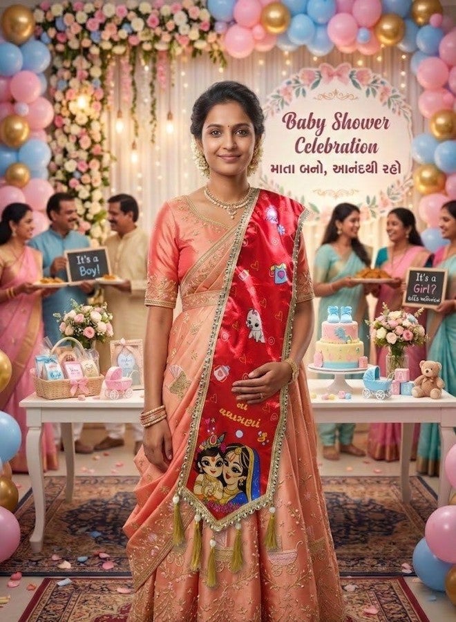 Tulsi Enterprise وشاح استحمام للأطفال من TULSI ENTERPRISE مصنوع من الحرير الخالص Godh Bharai Shalu للأم تو بي باللون الأخضر كريشنا مع وظيفة السنسكريتية شلوكا التقليدية مع شرابات - Image 4