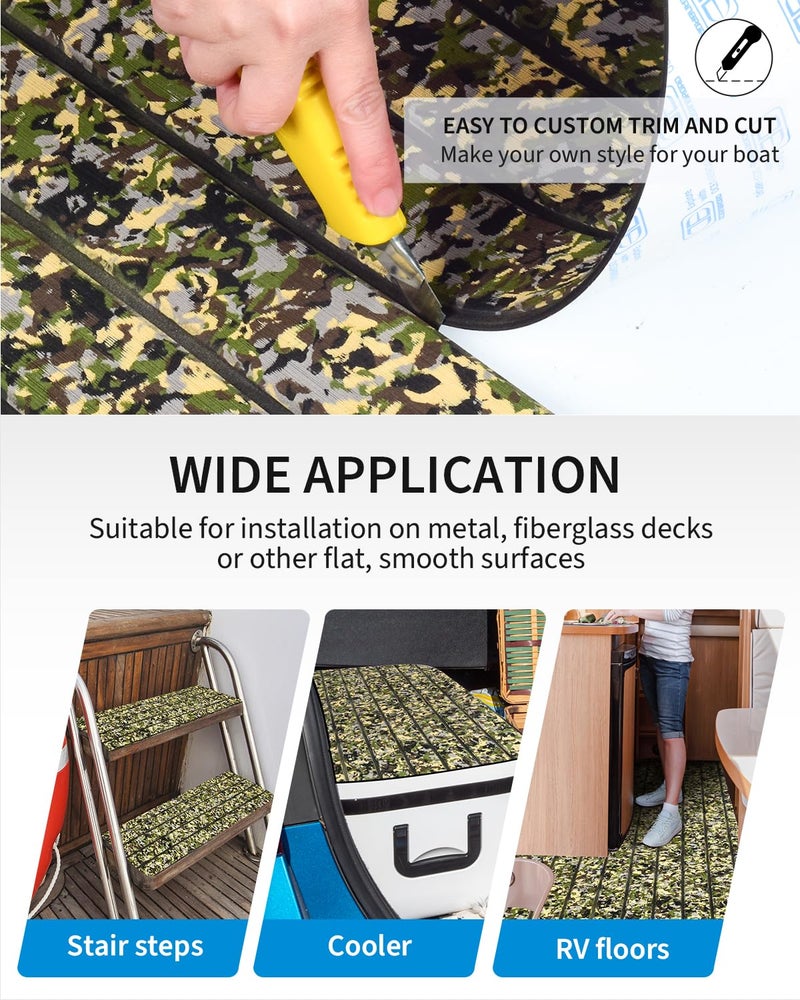 OCEANBROAD Self-Adhesive Camouflage Boat Flooring Sheet 48''x16.8'â€˜ Faux Teak EVA Foam Marine Non-Slip Pad Camo Decking for MotorBoats Yacht Helm Pad Jon Boat Floor, Camouflage Green - Image 5