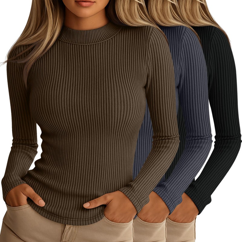 Riyiper 3 Pack Womens Ribbed Shirts Mock Turtleneck Long Sleeve Tops Slim Fitted Undershirts Casual Basic Layering TeesBlack Mocha Dark GraySmall - Image 2