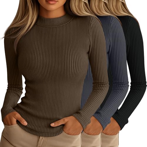 Riyiper 3 Pack Womens Ribbed Shirts Mock Turtleneck Long Sleeve Tops Slim Fitted Undershirts Casual Basic Layering TeesBlack Mocha Dark GraySmall - Image 1