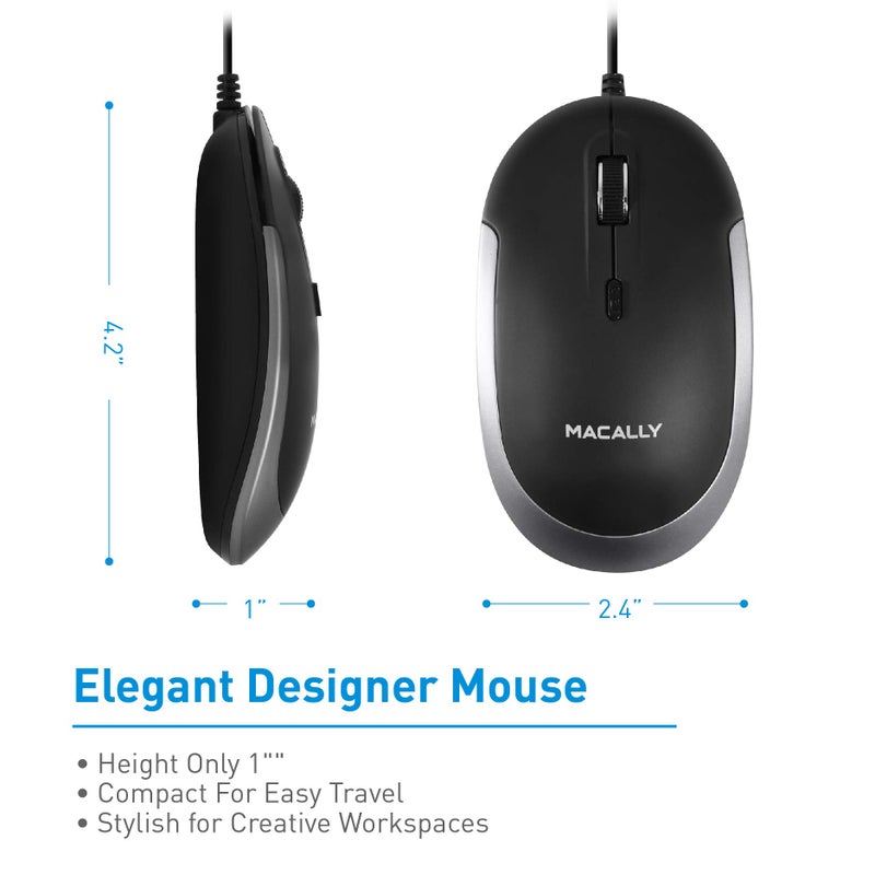 Macally Silent Wired Mouse - Slim & Compact USB Mouse for Apple Mac or Windows PC Laptop/Desktop - Designed with Optical Sensor & DPI Switch - Simple & Comfortable Wired Computer Mouse (Space Gray) - Image 3