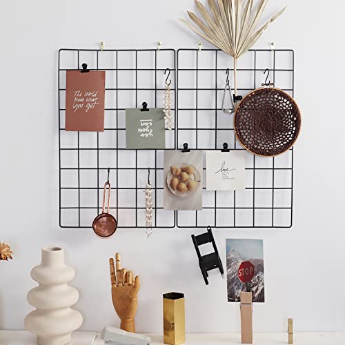 FRIADE Wall Grid Panel for Photo Display,Wall Storage Organizer,5 Metal Clips & 3 S Hooks & 4 Nails & 4 Plastic Hanging Buckles and 4 Screws Offered,Size 17.5" x 11.8"，Set of 2 (Black) - Image 1