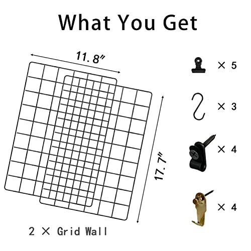 FRIADE Wall Grid Panel for Photo Display,Wall Storage Organizer,5 Metal Clips & 3 S Hooks & 4 Nails & 4 Plastic Hanging Buckles and 4 Screws Offered,Size 17.5" x 11.8"，Set of 2 (Black) - Image 2