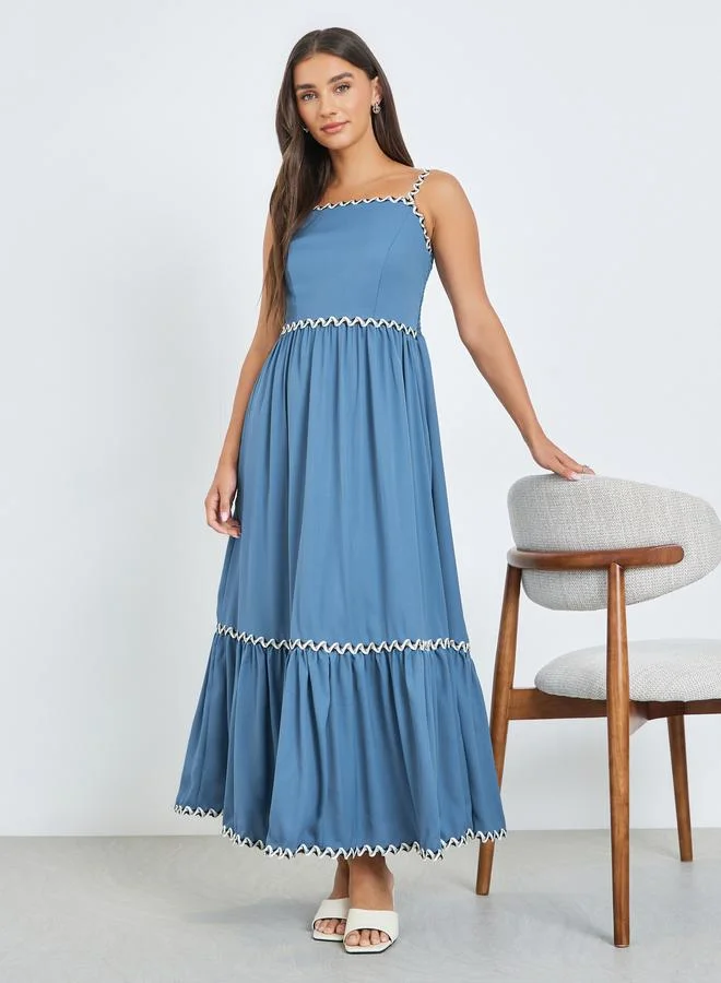 Styli Blue Ric-Rac Trim Strappy Maxi Dress