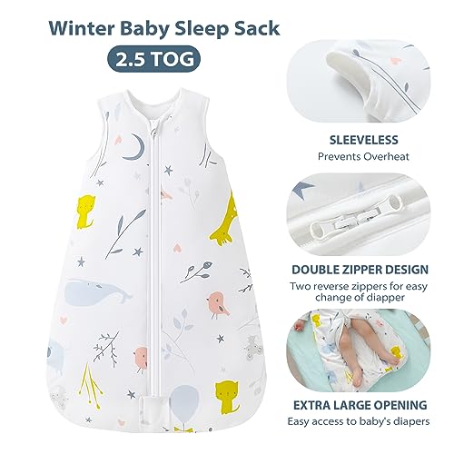 Mosebears Sleep Sack Baby Winter Wearable Blanket with 2-Way Zipper,2.5 TOG Cotton Sleep Sack Unisex (White Animal, 0-6 Months) - Image 2