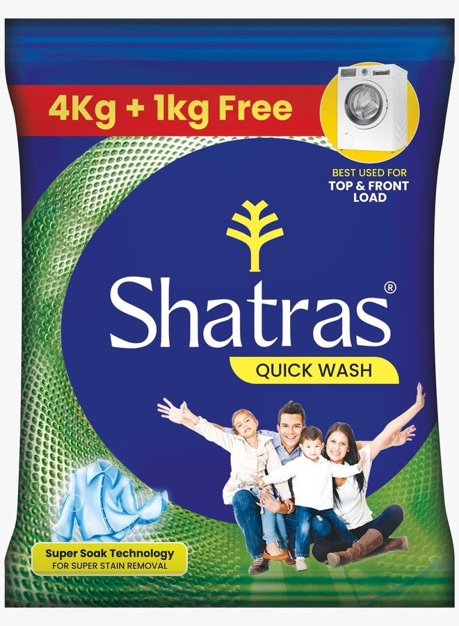 Shatras Quick Wash Detergent Powder- 4 Kg+1 Kg Free Pack |Enhanced Super Soak Technology For Deep Cleaning| Ideal For Top Load & Front Load Machines |Gentle On Fabrics & Tough On Stains - Image 1