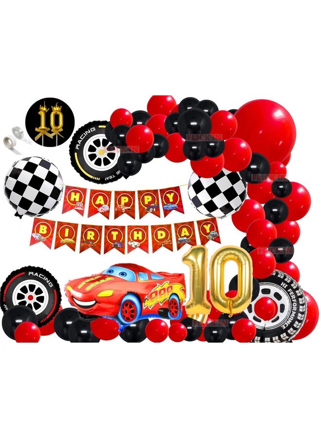 FI - FLICK IN FI - FLICK IN 65 Pcs Lightning Mcqueen Theme Racing Car 10th Birthday Decoration Kit for Boys Number 10 Gold Candle Tenth Birthday Decorations Boy Tyre Foil Balloons (Pack of 65, Red & Black) - Image 1