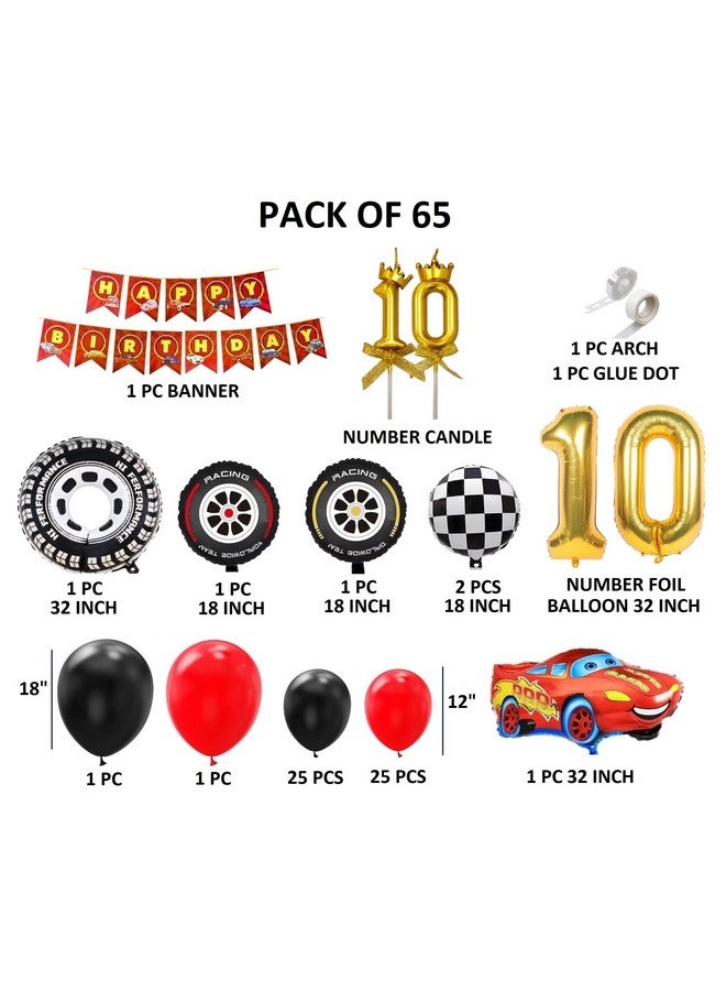 FI - FLICK IN FI - FLICK IN 65 Pcs Lightning Mcqueen Theme Racing Car 10th Birthday Decoration Kit for Boys Number 10 Gold Candle Tenth Birthday Decorations Boy Tyre Foil Balloons (Pack of 65, Red & Black) - Image 2
