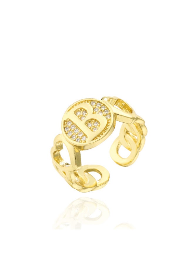 New Light Luxury Copper Inlaid Zircon 18k Real Gold Heart Smooth Letter Adjustable Ring Versatile Personality Ring