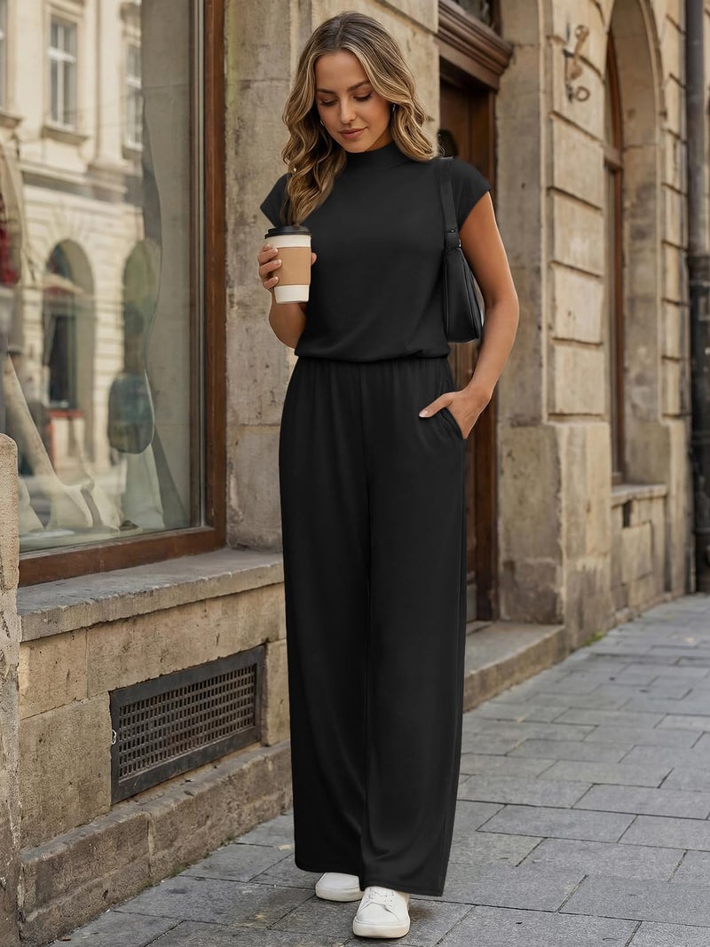 LILLUSORY Jumpsuits for Women Dressy Summer Jumpsuit 2026 Cap Sleeve Tops High Waist Wide Leg Pant Sets with Pockets BlackBlack L - Image 2