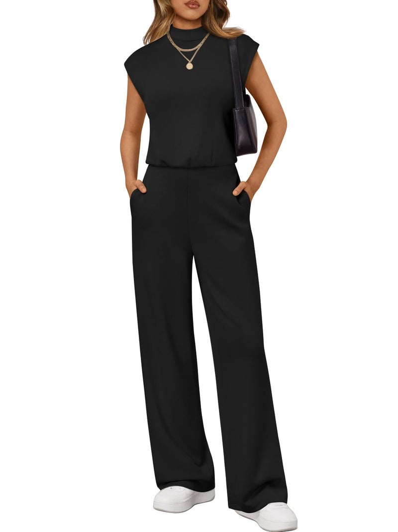 LILLUSORY Jumpsuits for Women Dressy Summer Jumpsuit 2026 Cap Sleeve Tops High Waist Wide Leg Pant Sets with Pockets BlackBlack L - Image 1